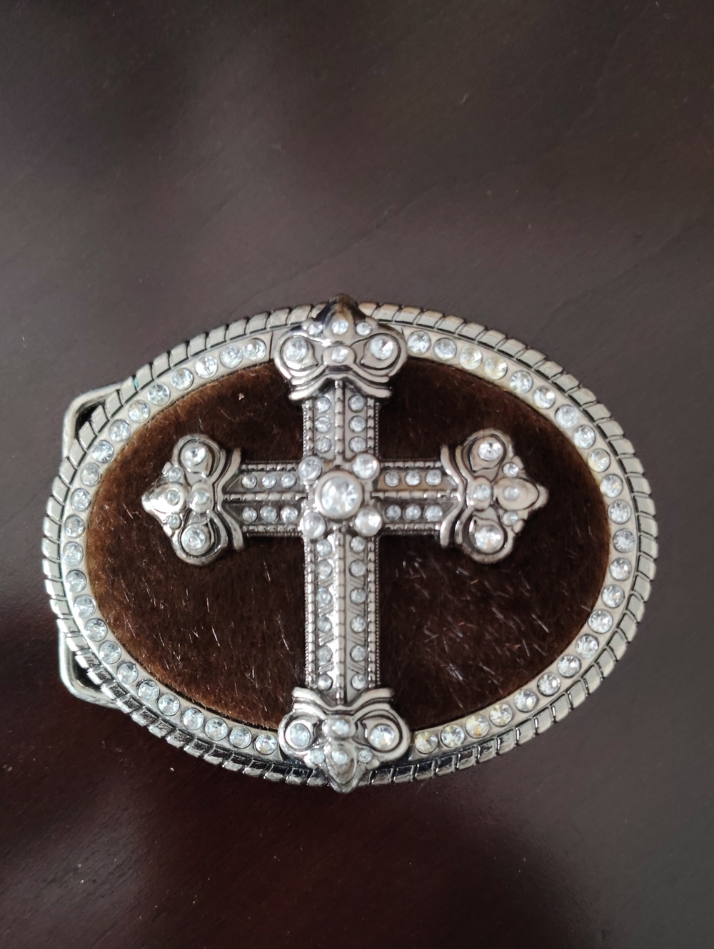 Brown Velvet Cross Western Belt Buckle with Rhinestone & Studded Belt